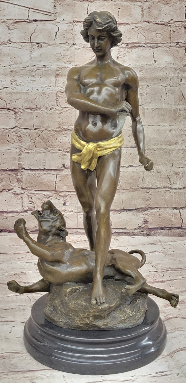 Lost Wax Method Winner Paris Exposition 1900 Nude Boy and Lion Bronze Sculpture Decor