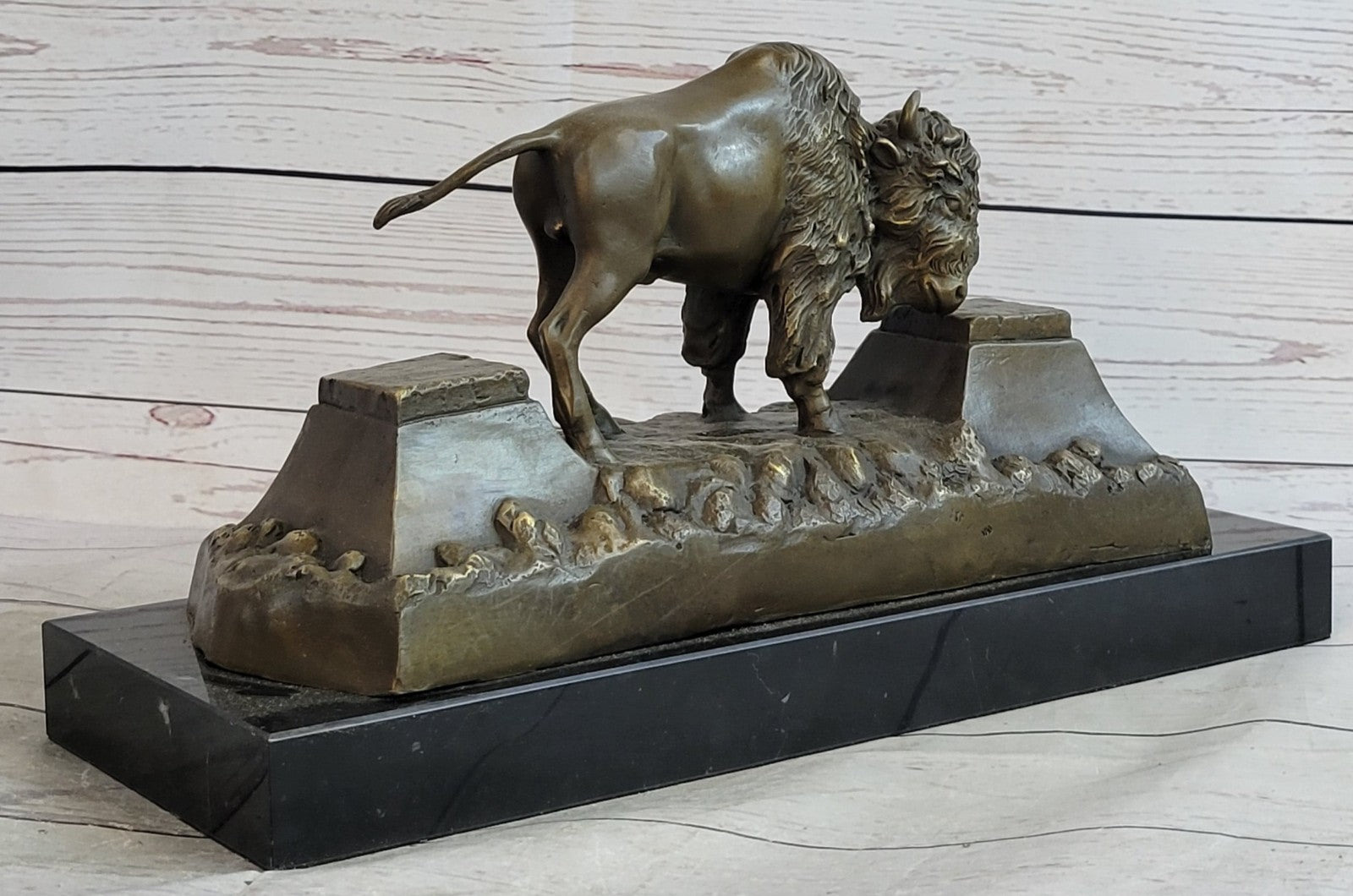 Large American Buffalo Bison Art Deco Sculpture Marble Base Figurine Figure SALE