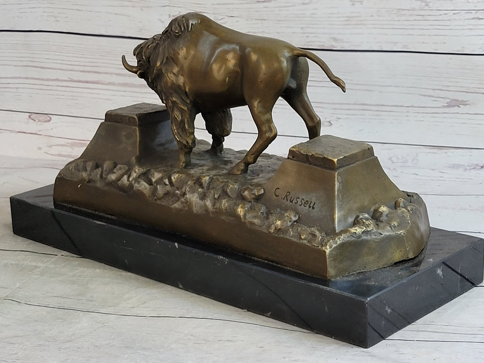 Large American Buffalo Bison Art Deco Sculpture Marble Base Figurine Figure SALE