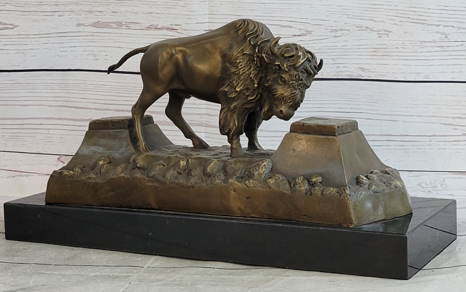 Large American Buffalo Bison Art Deco Sculpture Marble Base Figurine Figure SALE