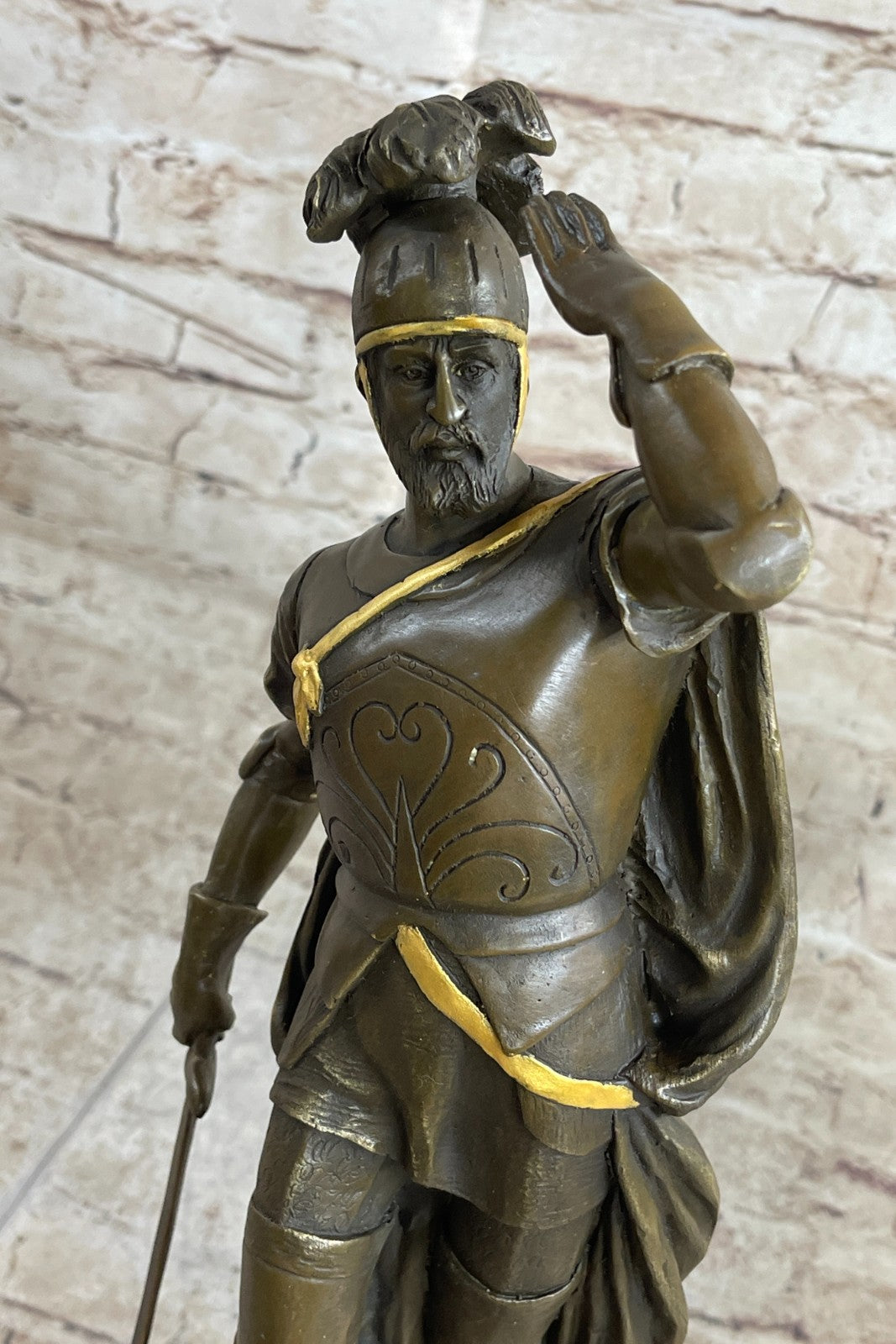 Art Decor Classic Roman Greek Warrior Bronze Sculpture Gold Accent Patina
