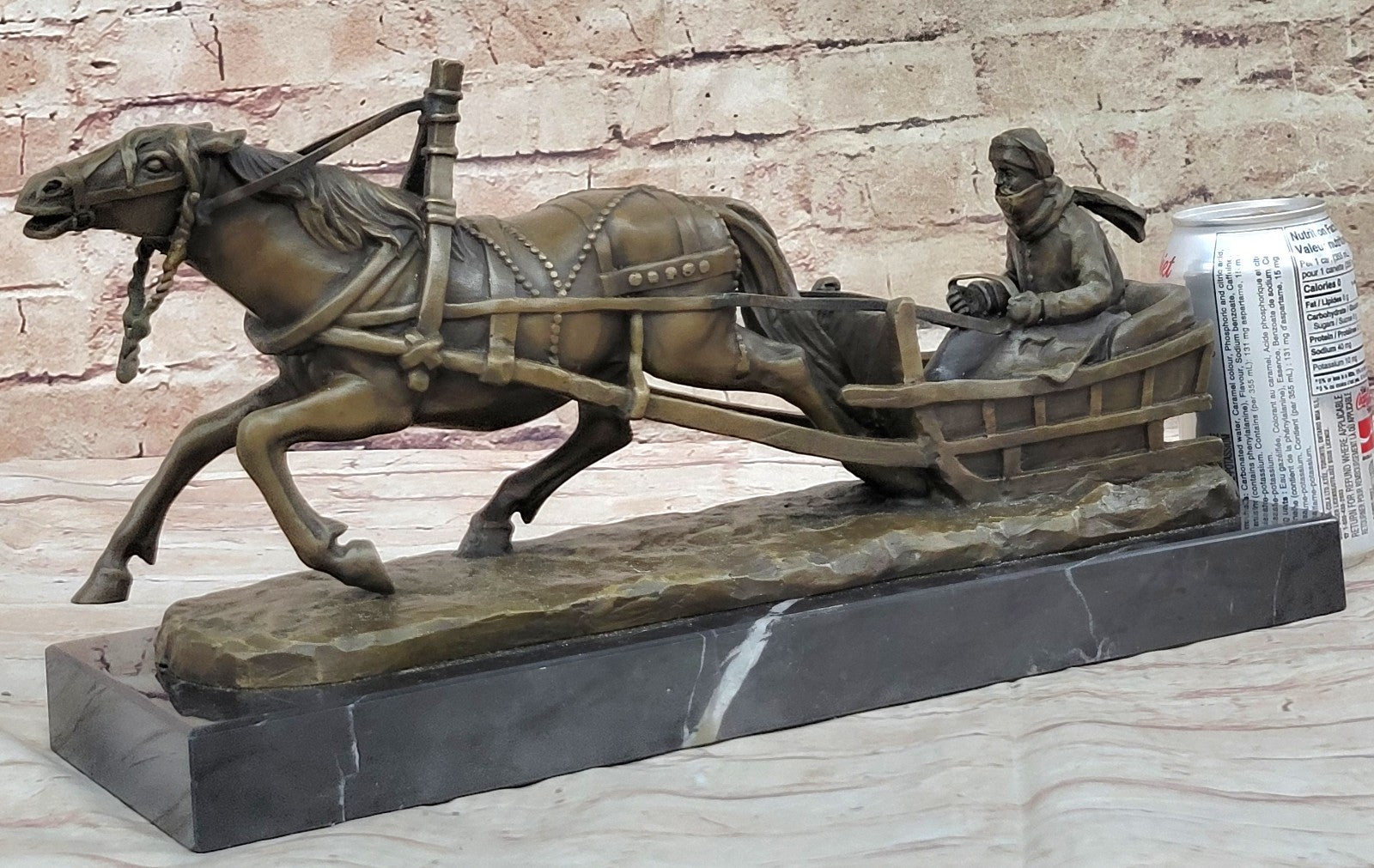 Handcrafted Detailed Horse Pulling a Sleigh Bronze Sculpture Statue Figurine