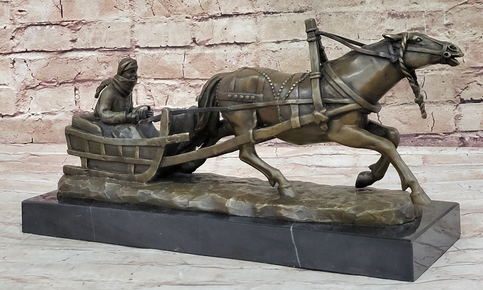 Handcrafted Detailed Horse Pulling a Sleigh Bronze Sculpture Statue Figurine