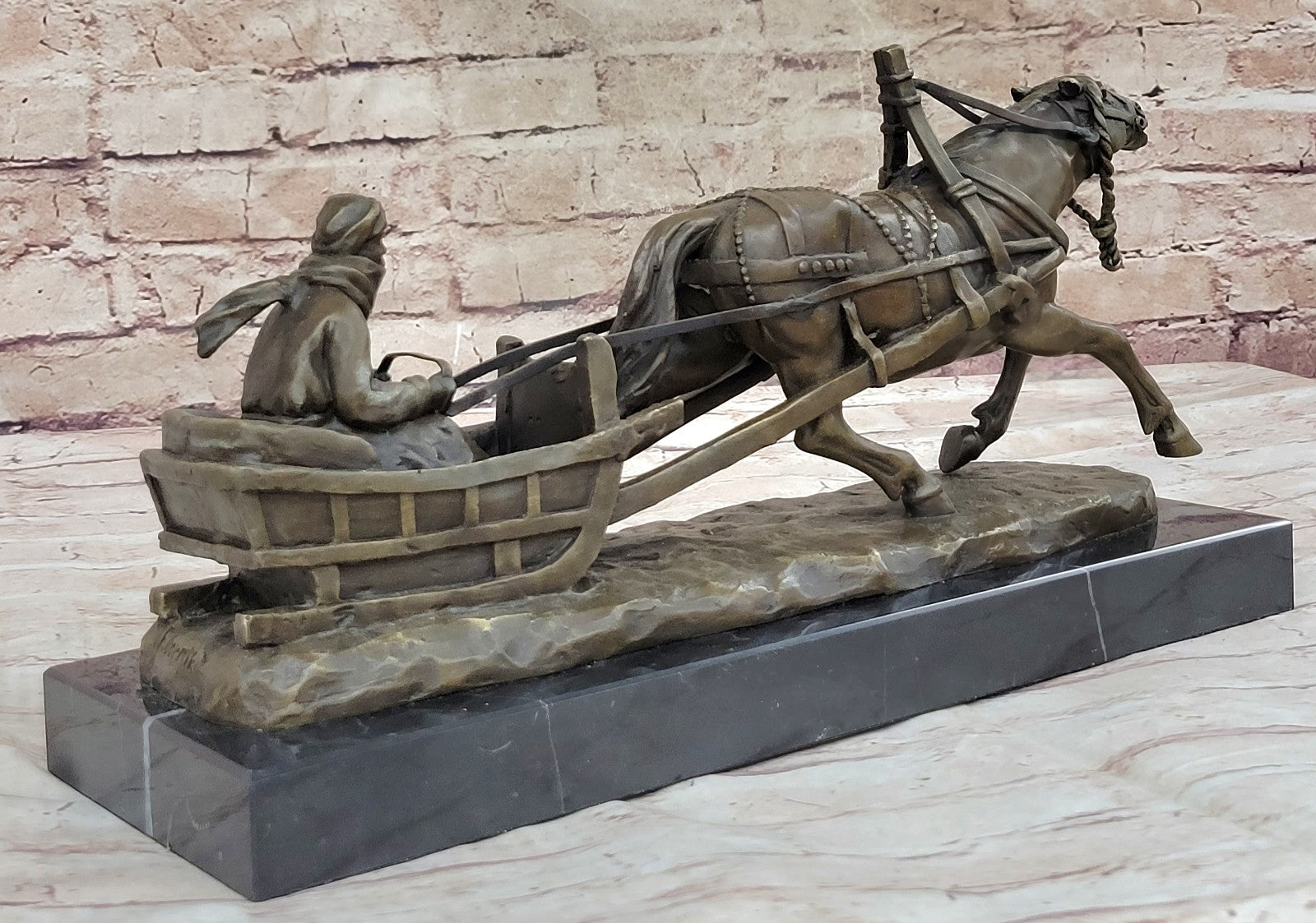 Handcrafted Detailed Horse Pulling a Sleigh Bronze Sculpture Statue Figurine