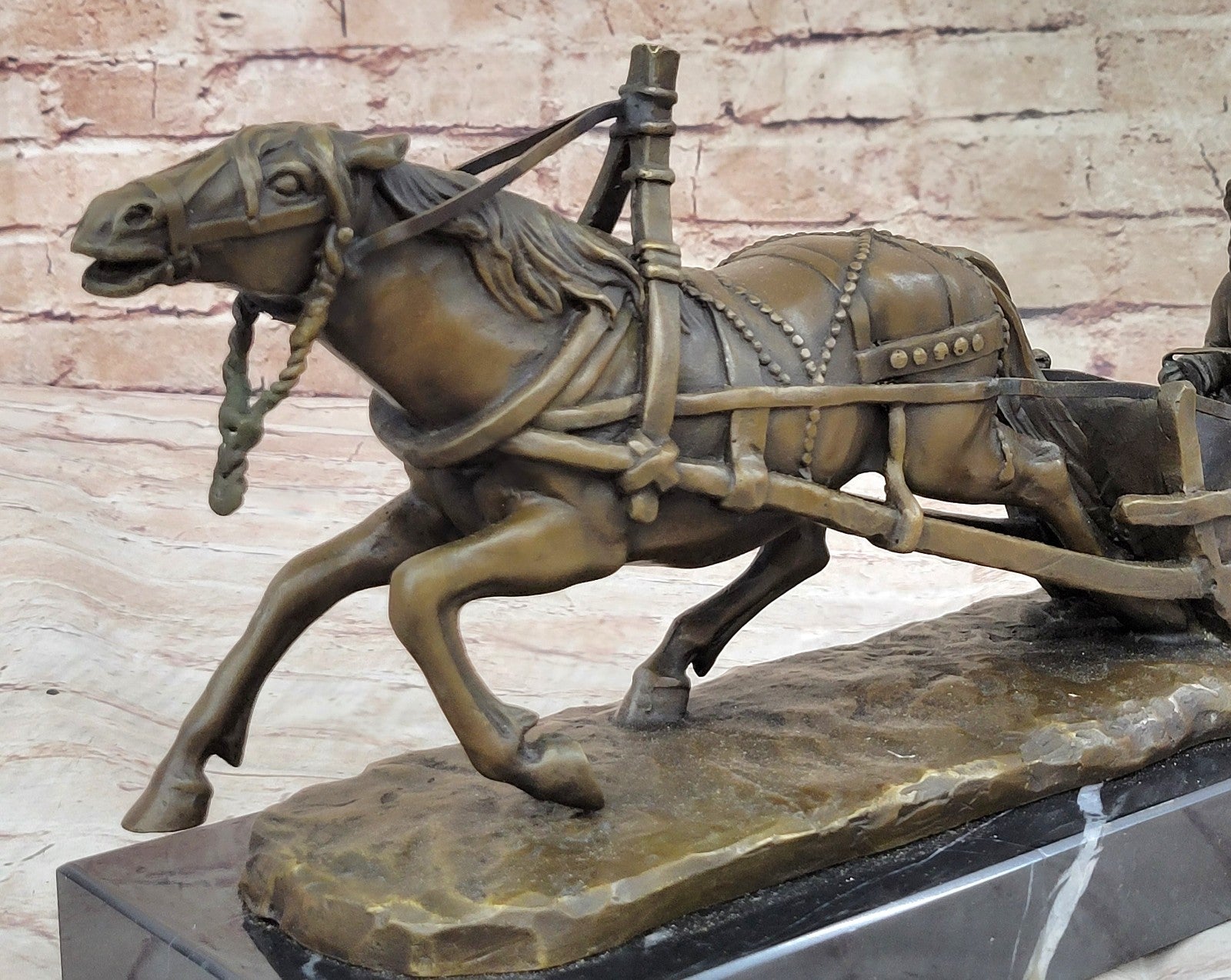 Handcrafted Detailed Horse Pulling a Sleigh Bronze Sculpture Statue Figurine