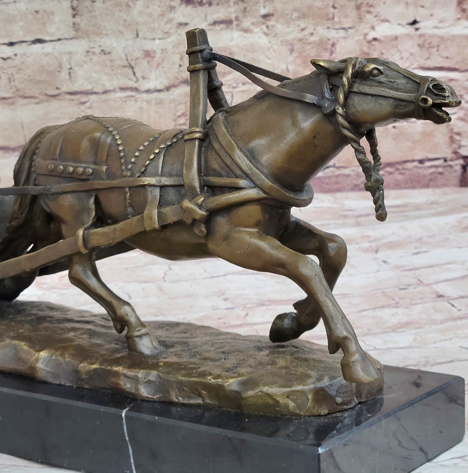 Handcrafted Detailed Horse Pulling a Sleigh Bronze Sculpture Statue Figurine