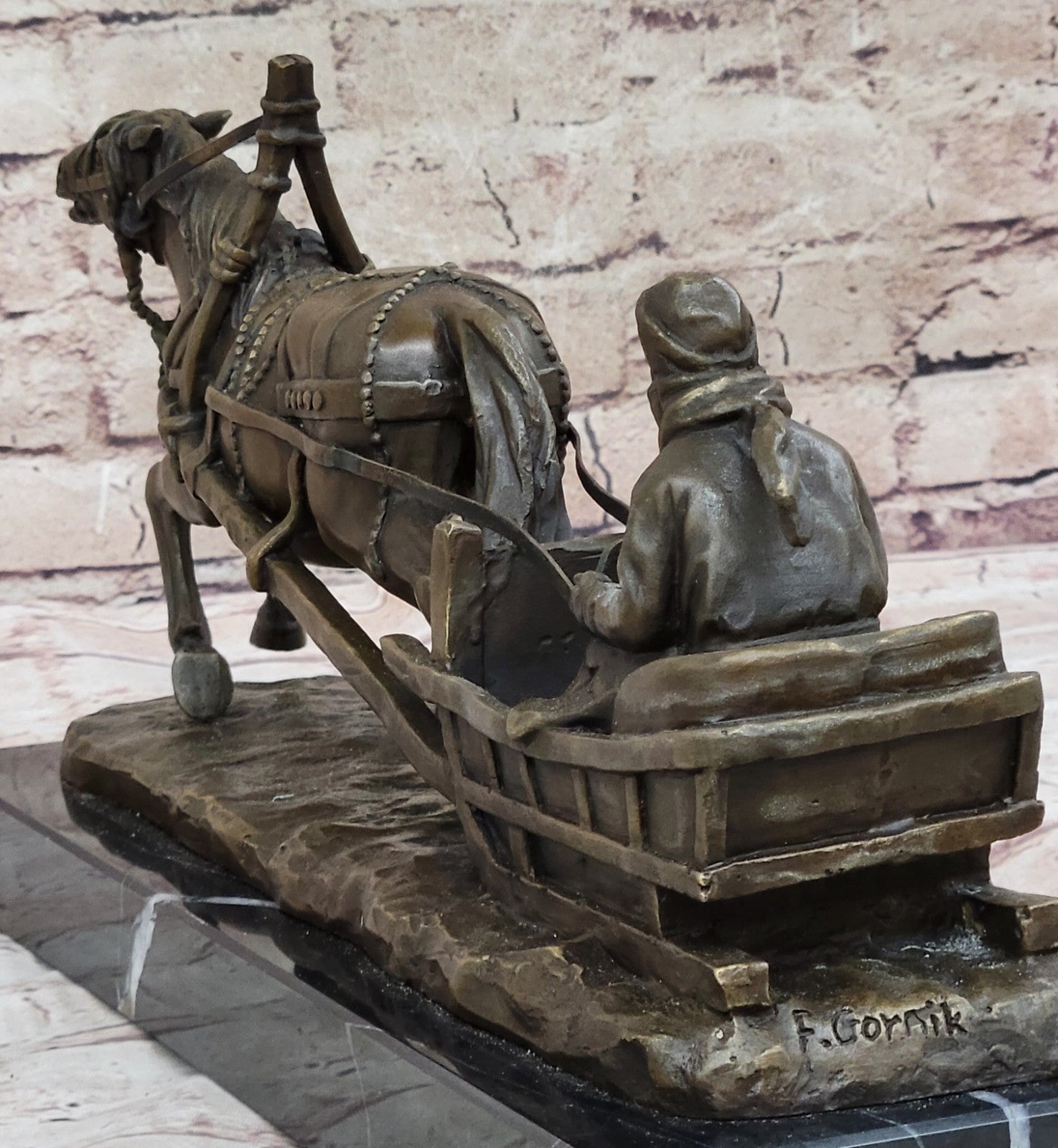 Handcrafted Detailed Horse Pulling a Sleigh Bronze Sculpture Statue Figurine
