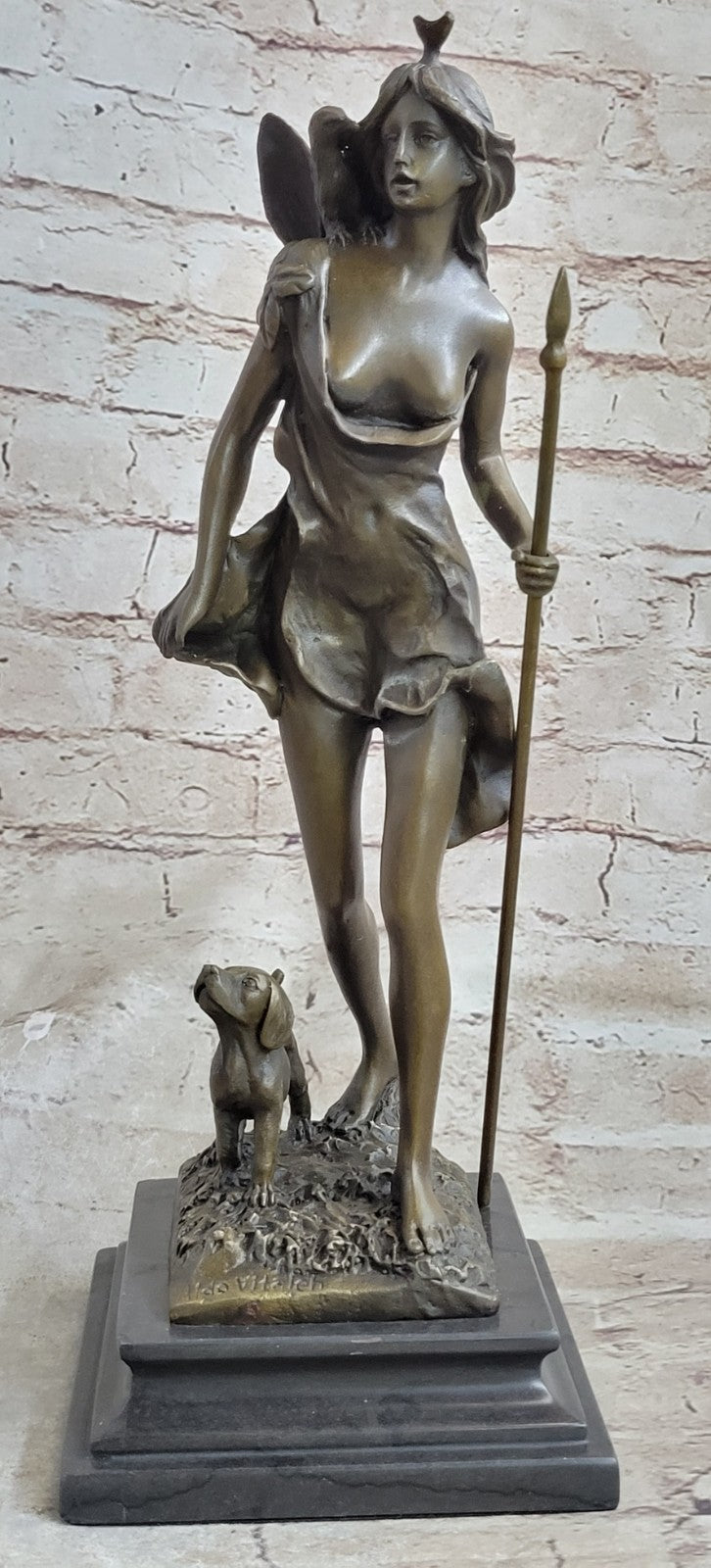 Diana the Huntress Goddess Hunting Handmade Bronze Figure Sculpture Brown Patina