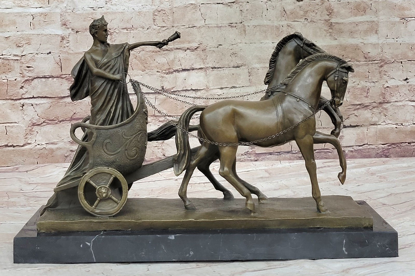 17 Inch Roman Chariot Hot Cast Decorative Figurine, Genuine Designer Bronze