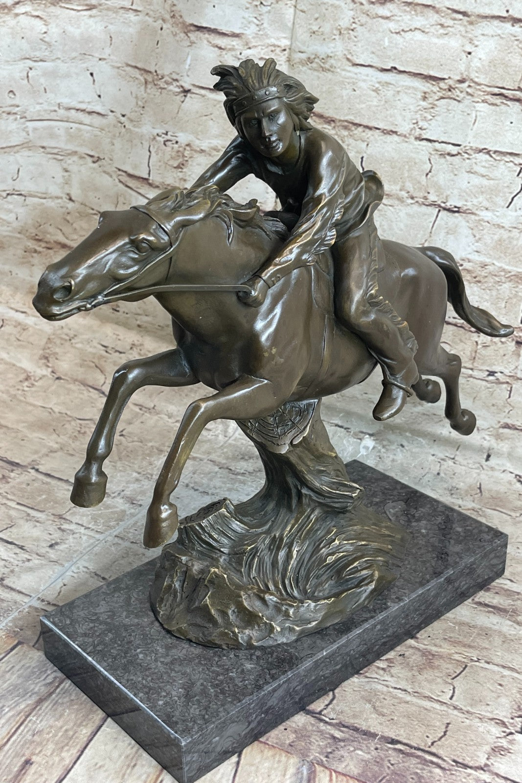 Native American Indian Man W/ Horse Bronze Sculpture Statue Figure Art