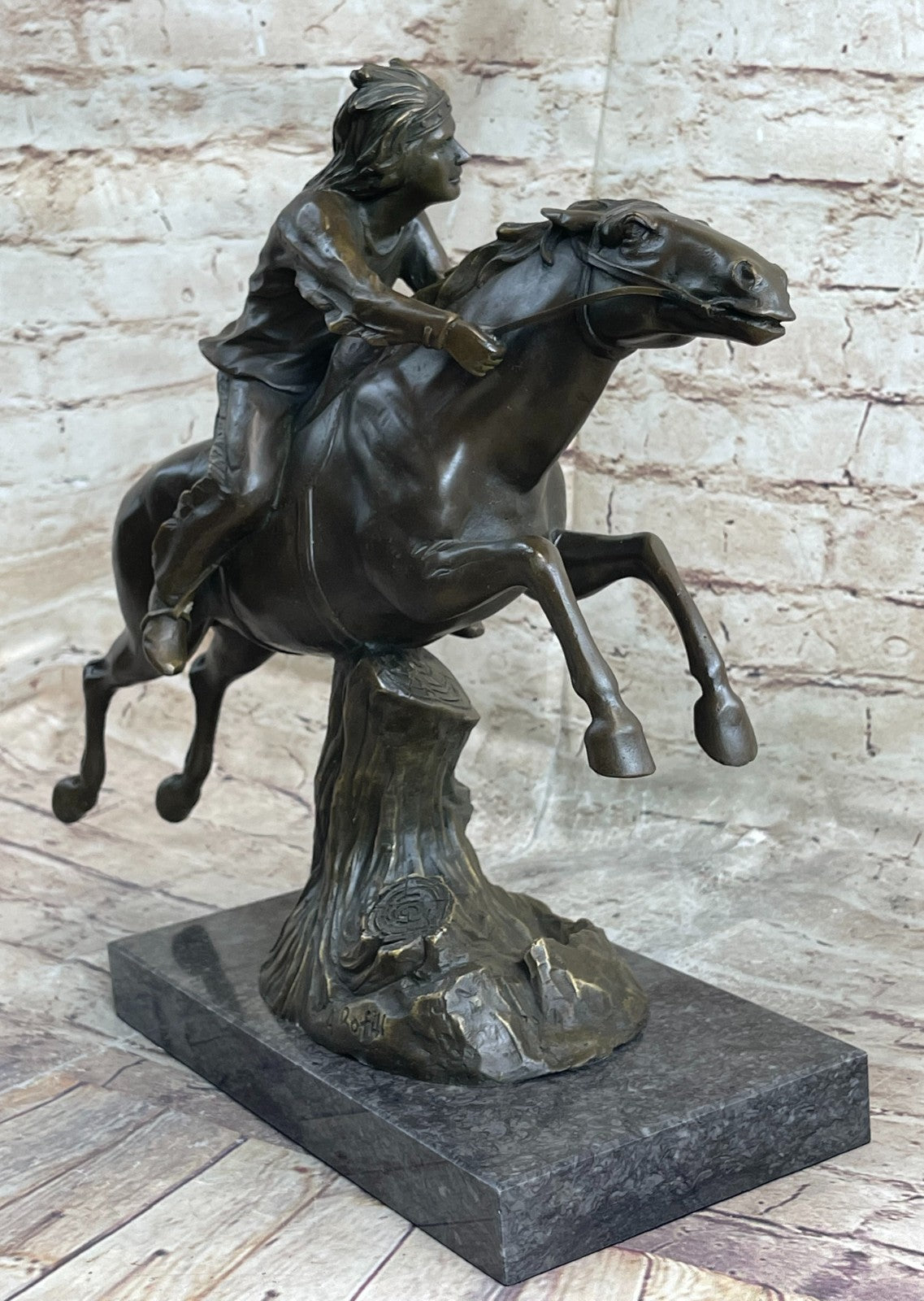 Native American Indian Man W/ Horse Bronze Sculpture Statue Figure Art