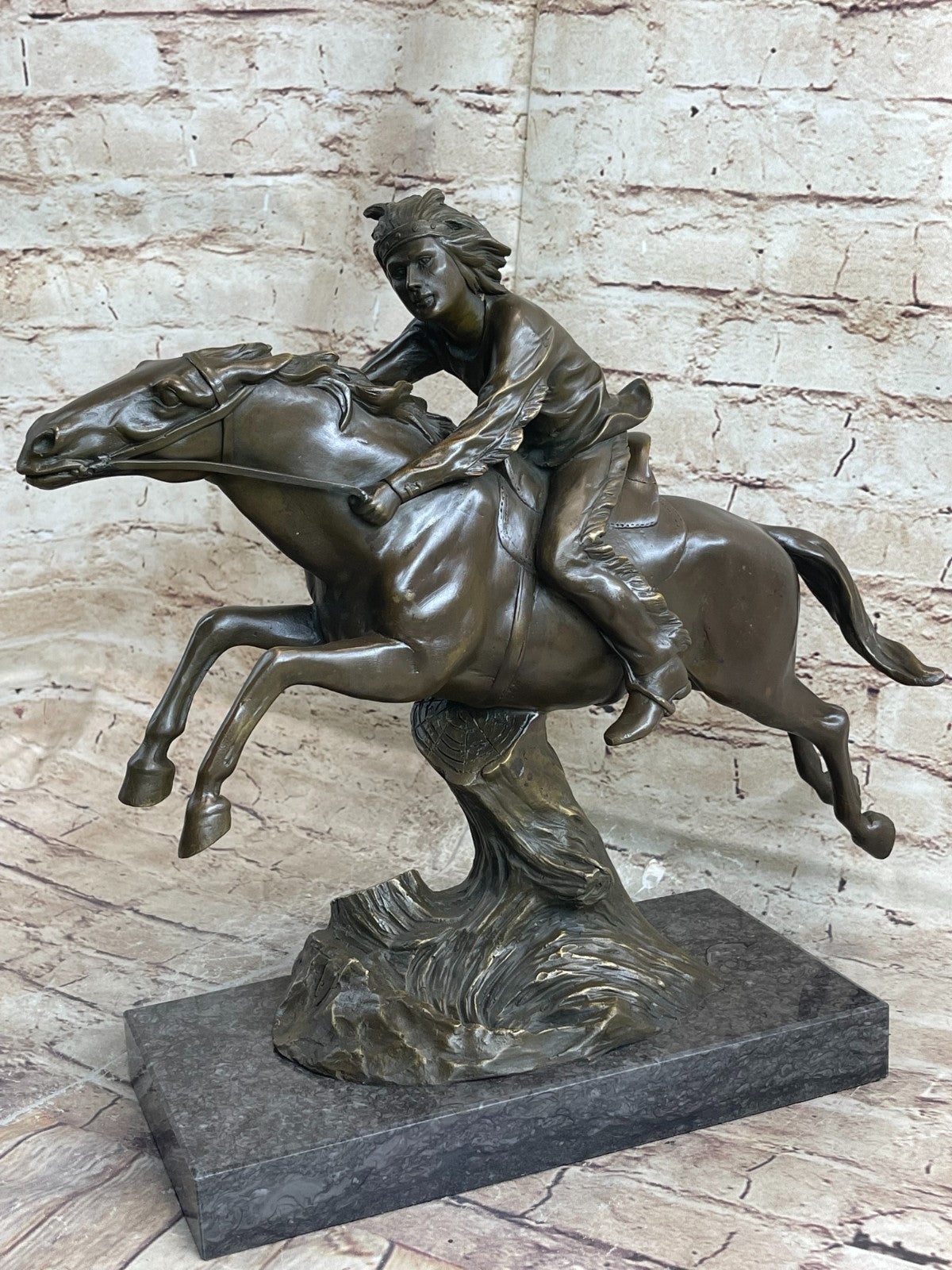 Native American Indian Man W/ Horse Bronze Sculpture Statue Figure Art