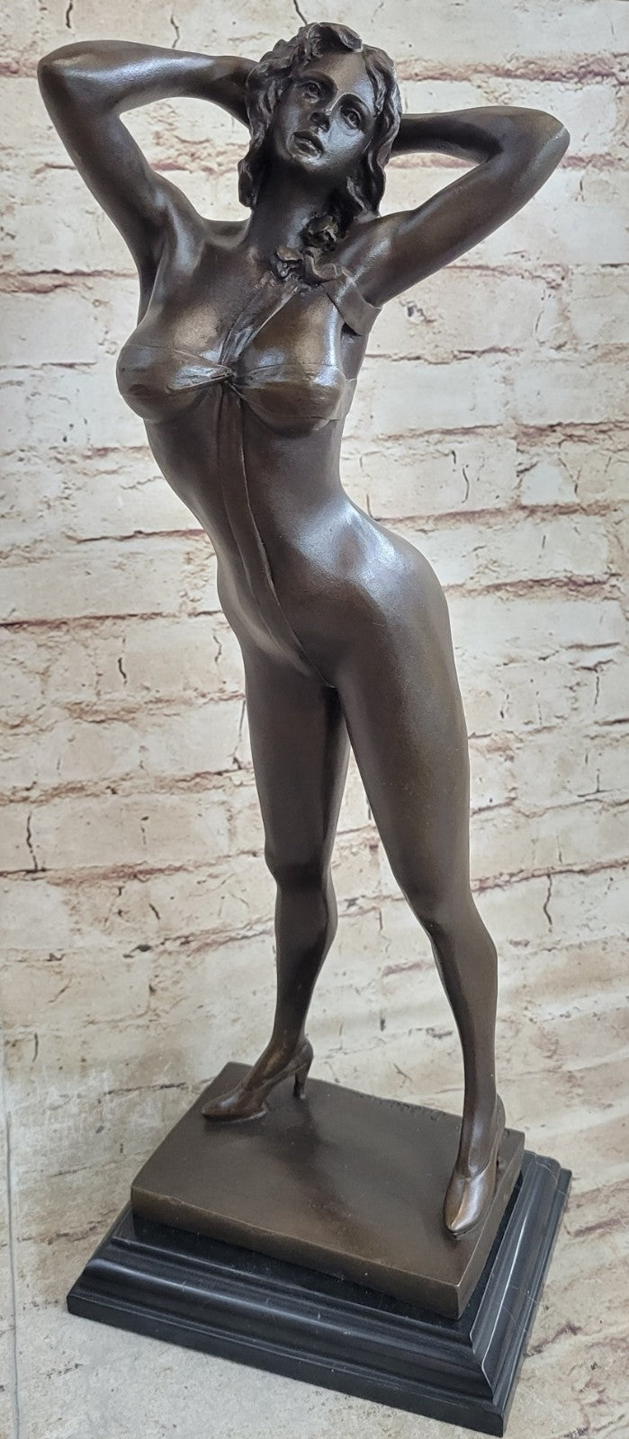 Signed High Quality Art Deco Bronze Nude Girl Marble Plinth Statue Hotcast Gift