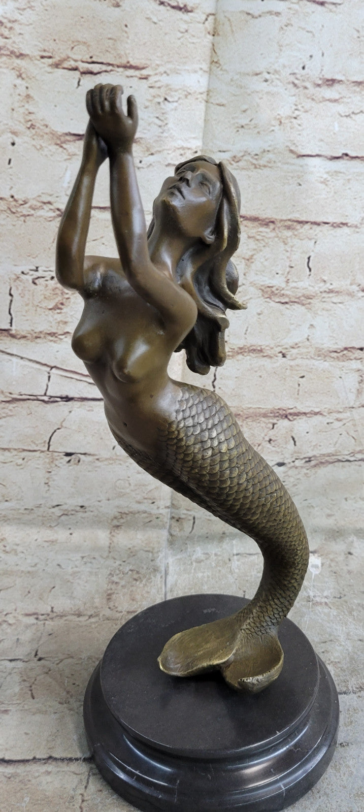 Mermaid Praying Handcrafted Bronze Sculpture Marble Base Figurine Figure Hotcast