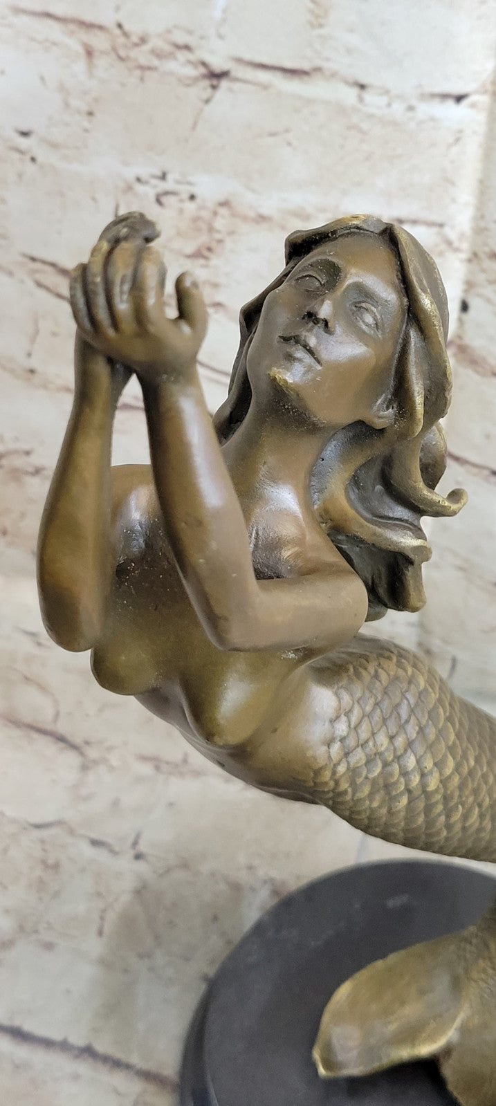 Mermaid Praying Handcrafted Bronze Sculpture Marble Base Figurine Figure Hotcast