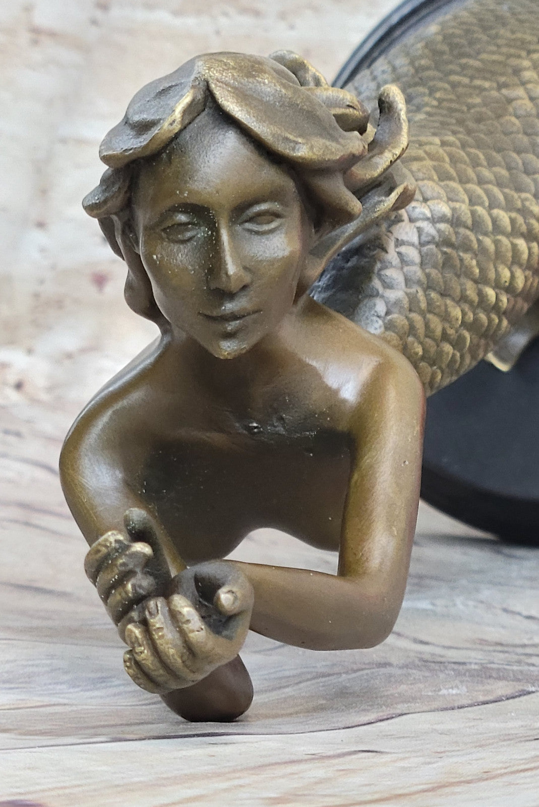 Mermaid Praying Handcrafted Bronze Sculpture Marble Base Figurine Figure Hotcast