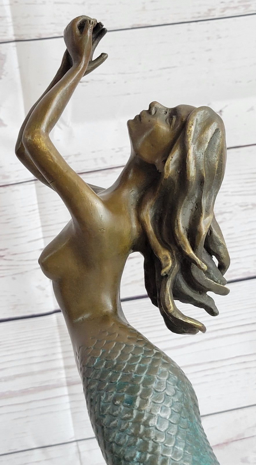 Nude Mermaid Swimming Bronze Figure Height 15" Nautical Tropical Home Decoration