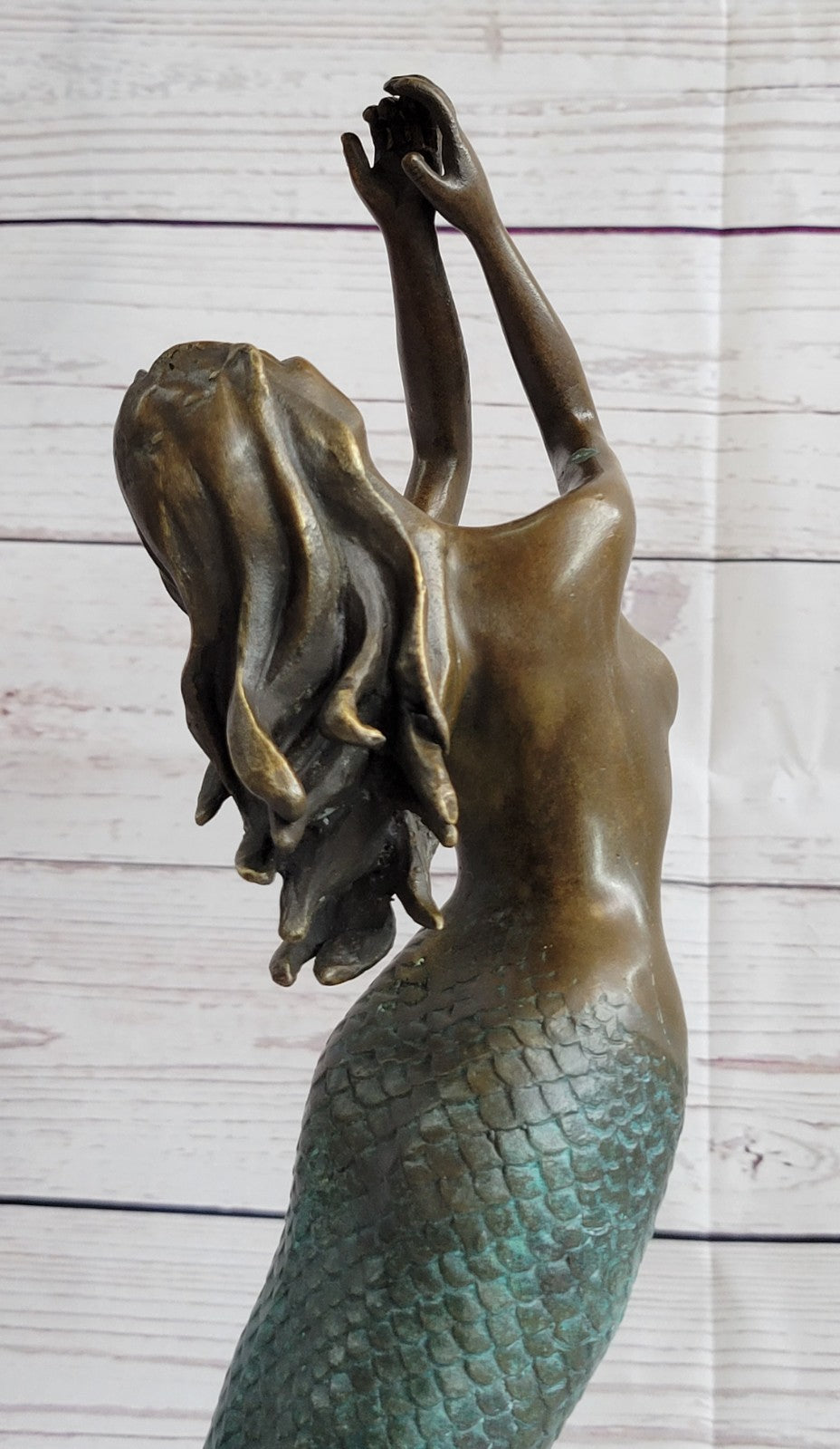 Nude Mermaid Swimming Bronze Figure Height 15" Nautical Tropical Home Decoration