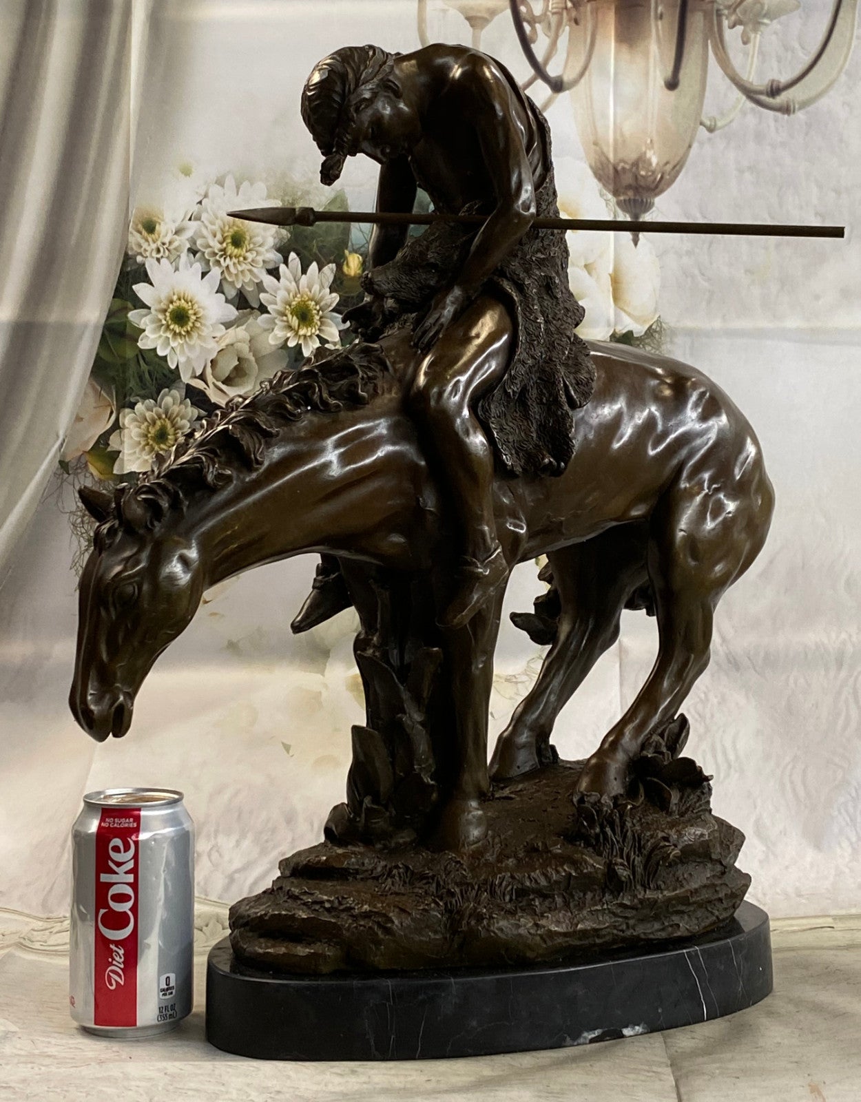 Signed Original Native American Indian Riding Horse Bronze Sculpture Statue