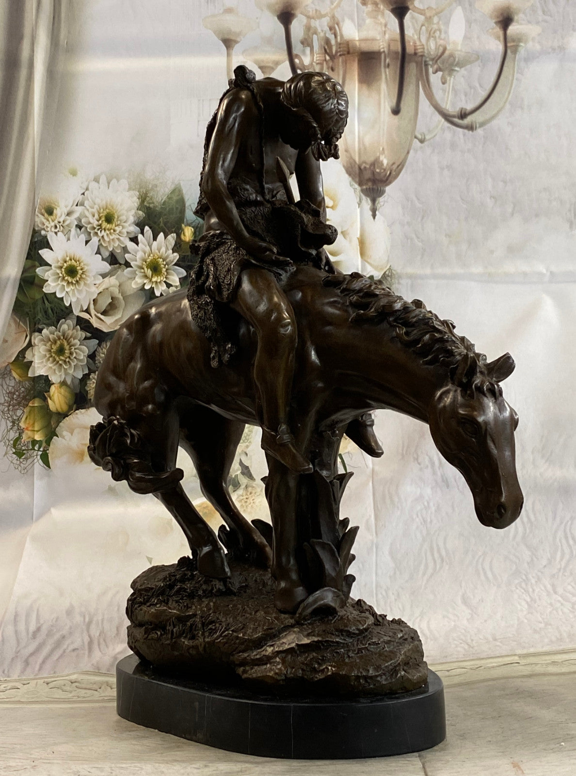 Signed Original Native American Indian Riding Horse Bronze Sculpture Statue