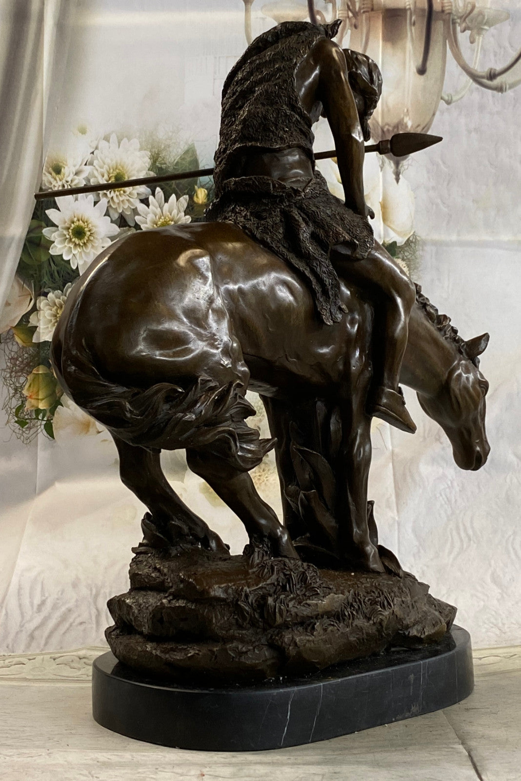 Signed Original Native American Indian Riding Horse Bronze Sculpture Statue