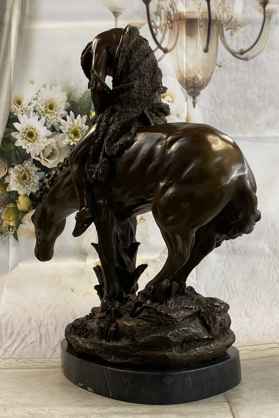 Signed Original Native American Indian Riding Horse Bronze Sculpture Statue