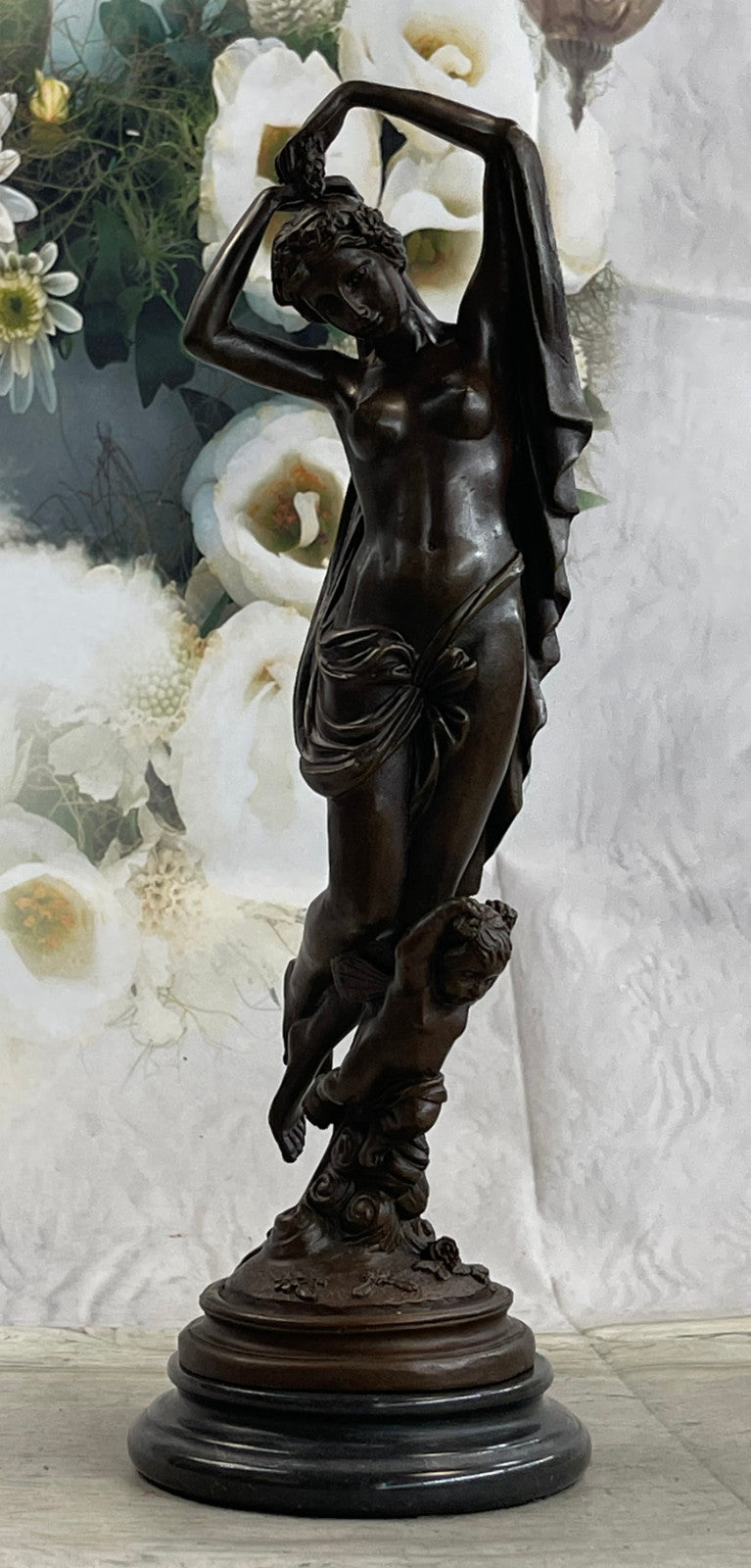 Putti Cherub Angel Cupid Mother`s Day Gift Bronze Marble Statue Romantic Nude