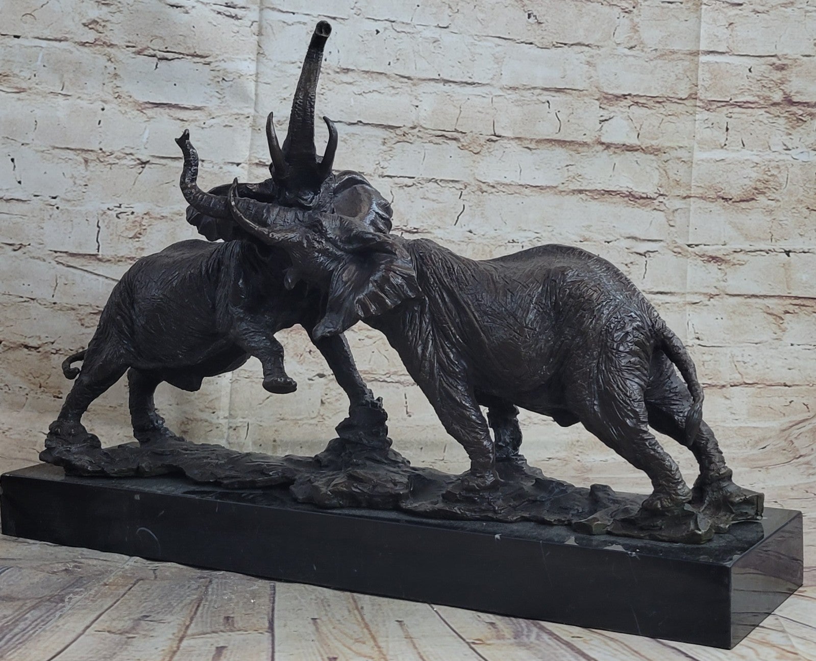 Elephants in Battle Bronze Sculpture Hot Cast Marble Base Figurine Wild Life Art