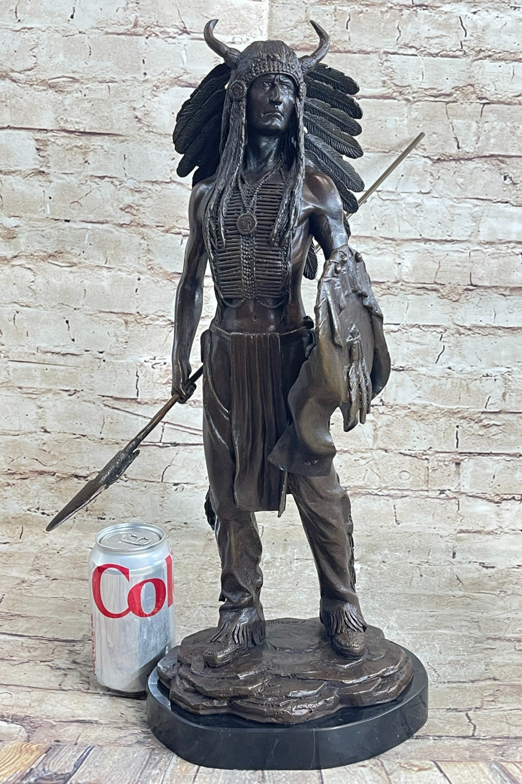 Genuine Bronze Statue Marble Base American Indian Chief Buffalo Headdress Decor