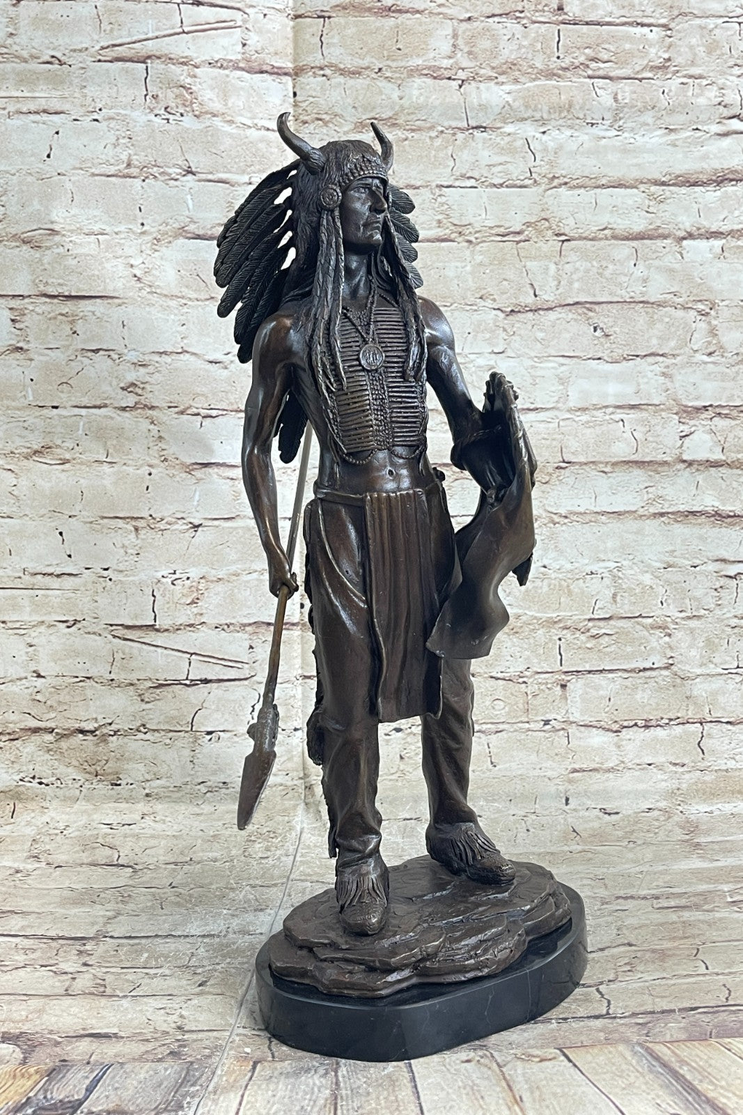 Genuine Bronze Statue Marble Base American Indian Chief Buffalo Headdress Decor