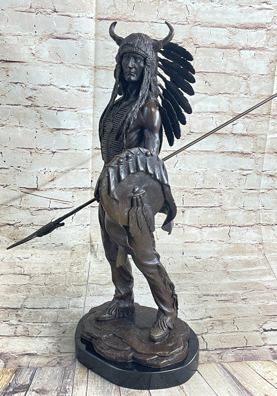 Genuine Bronze Statue Marble Base American Indian Chief Buffalo Headdress Decor
