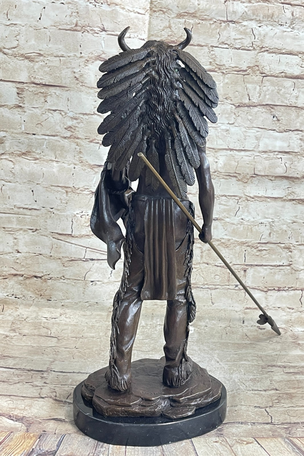 Genuine Bronze Statue Marble Base American Indian Chief Buffalo Headdress Decor