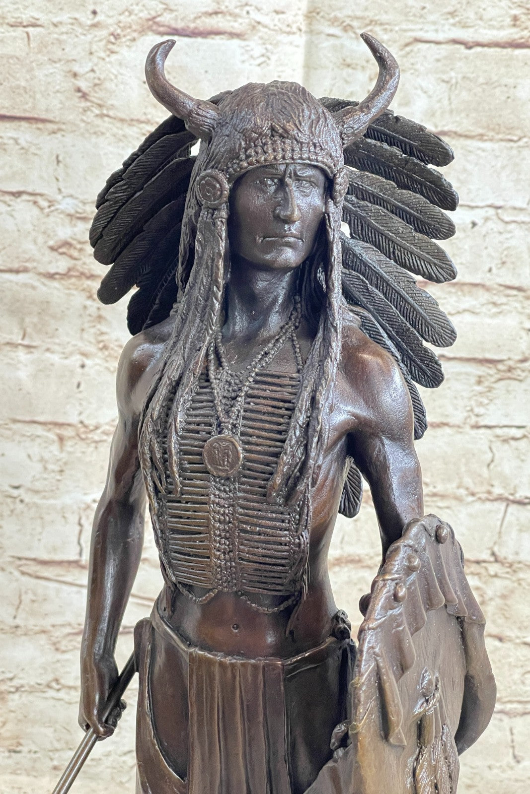 Genuine Bronze Statue Marble Base American Indian Chief Buffalo Headdress Decor