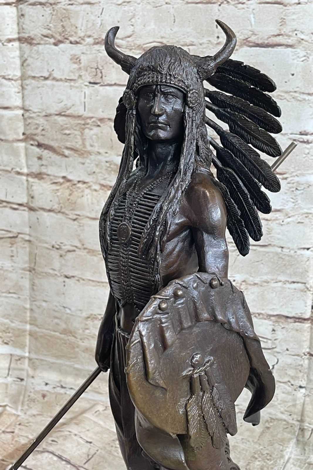 Genuine Bronze Statue Marble Base American Indian Chief Buffalo Headdress Decor