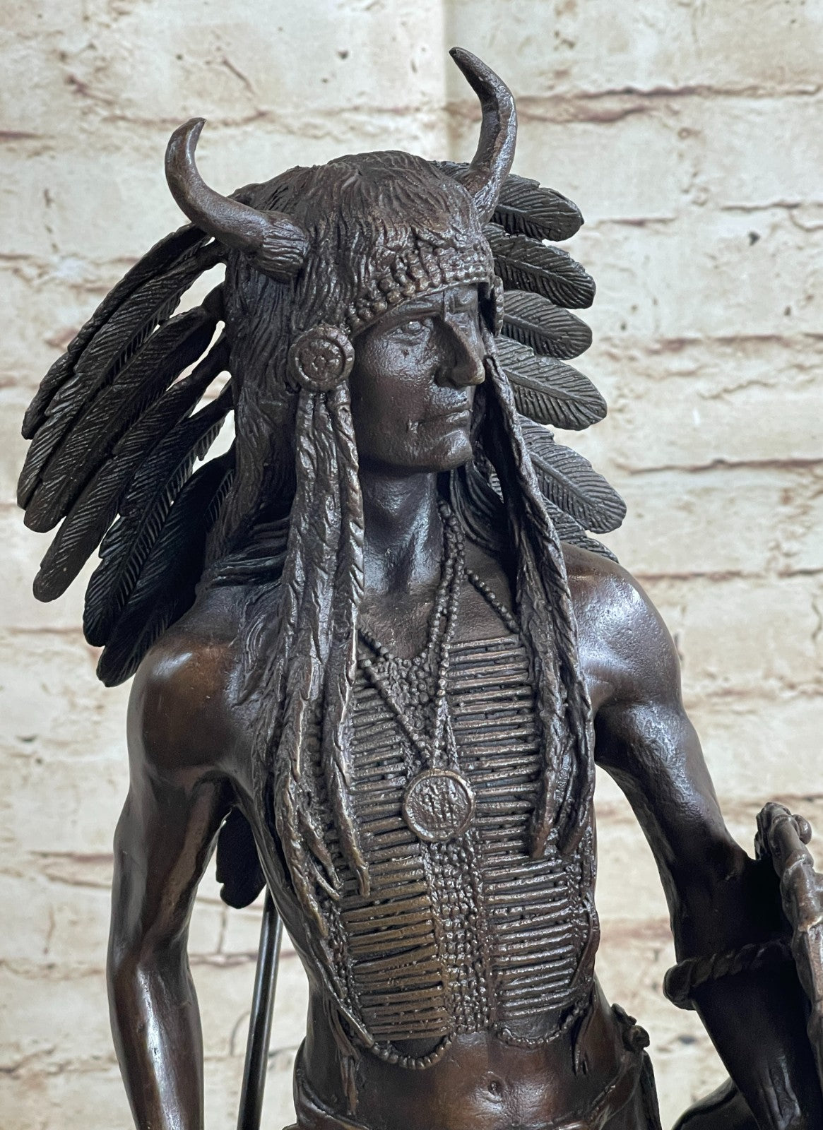 Genuine Bronze Statue Marble Base American Indian Chief Buffalo Headdress Decor
