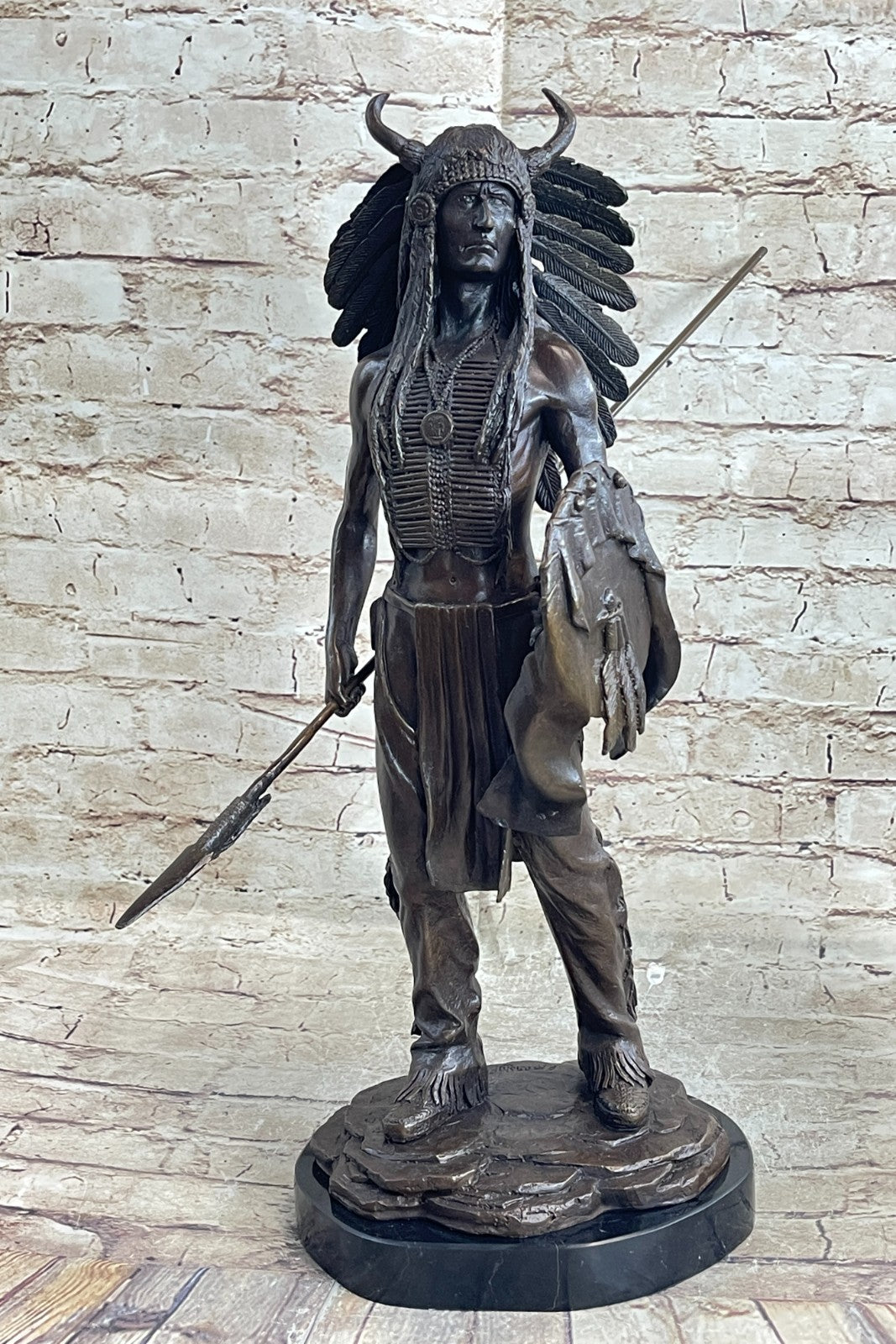 Genuine Bronze Statue Marble Base American Indian Chief Buffalo Headdress Decor