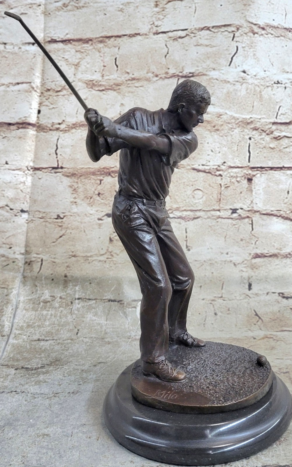 Signed Milo Golfer Golf Game Trophy Bronze Marble Base Figurine Figure Home Deco