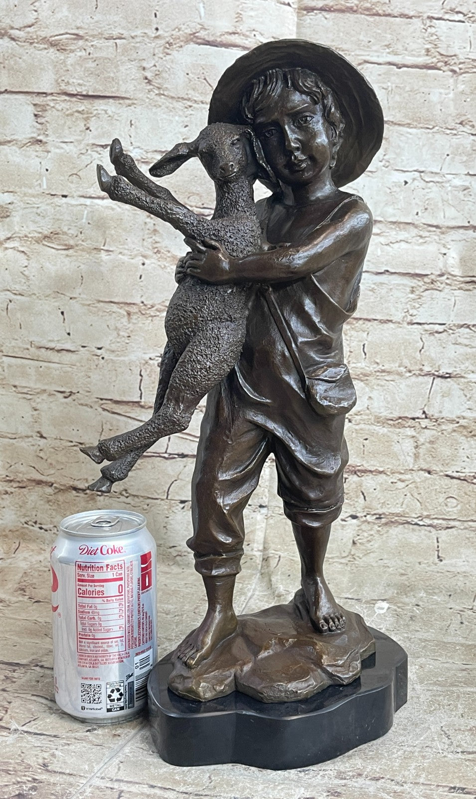 Genuine Solid Bronze Sculpture cute boy with baby Lam Farm decoration Figurine