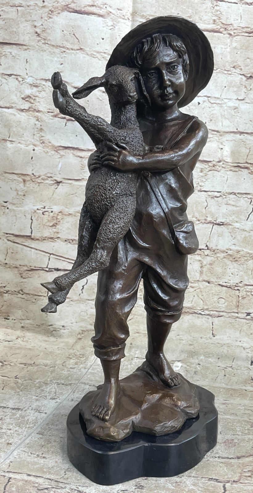 Genuine Solid Bronze Sculpture cute boy with baby Lam Farm decoration Figurine