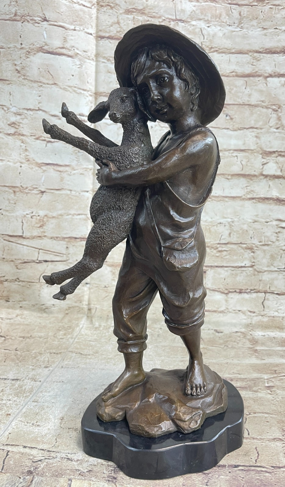 Genuine Solid Bronze Sculpture cute boy with baby Lam Farm decoration Figurine