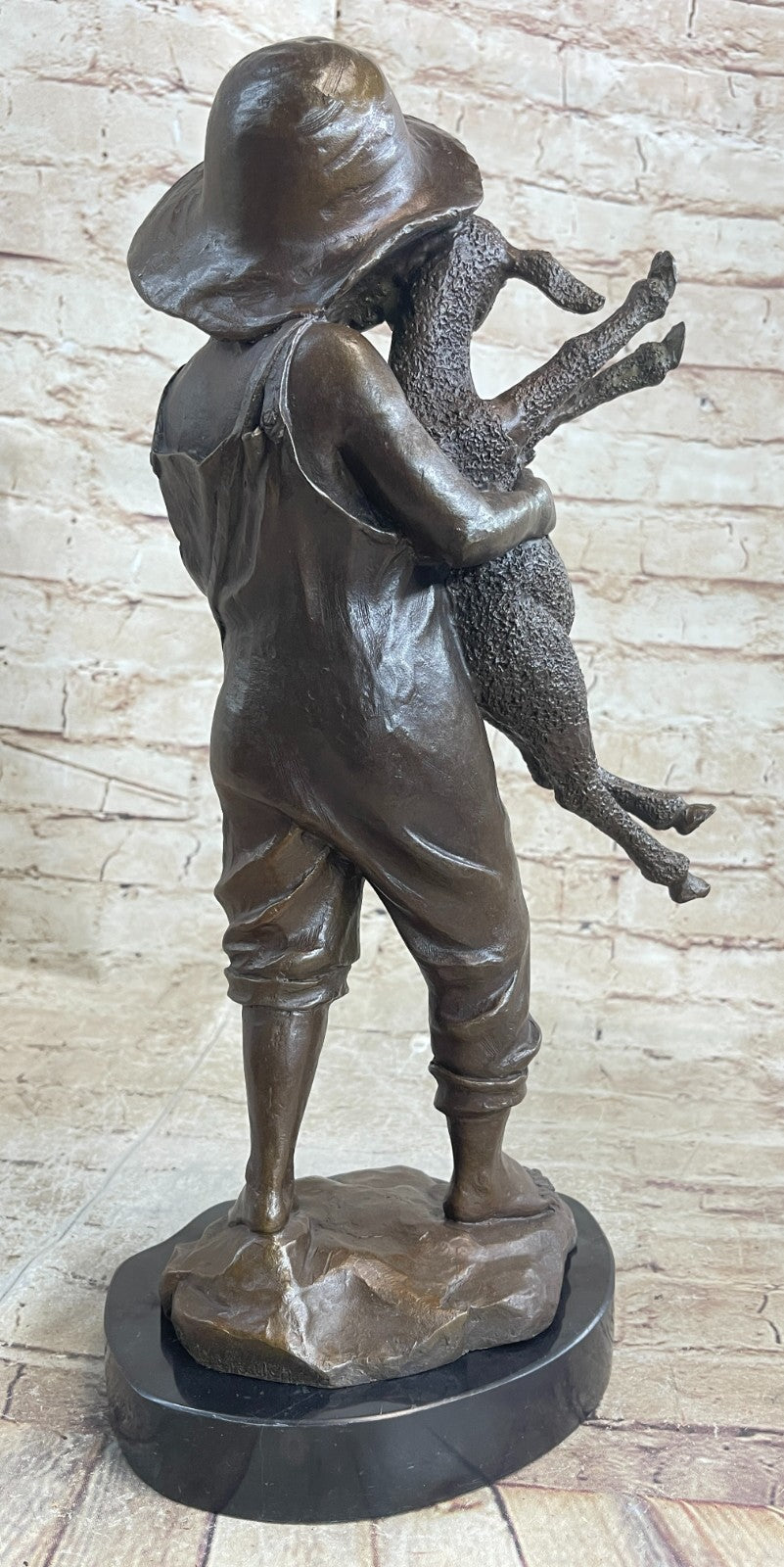 Genuine Solid Bronze Sculpture cute boy with baby Lam Farm decoration Figurine