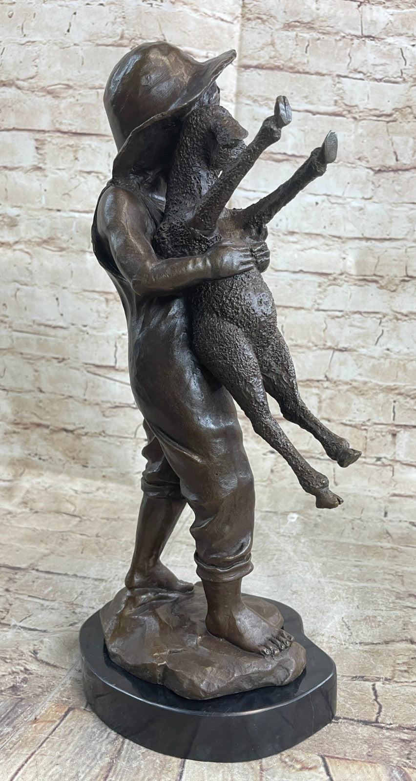 Genuine Solid Bronze Sculpture cute boy with baby Lam Farm decoration Figurine