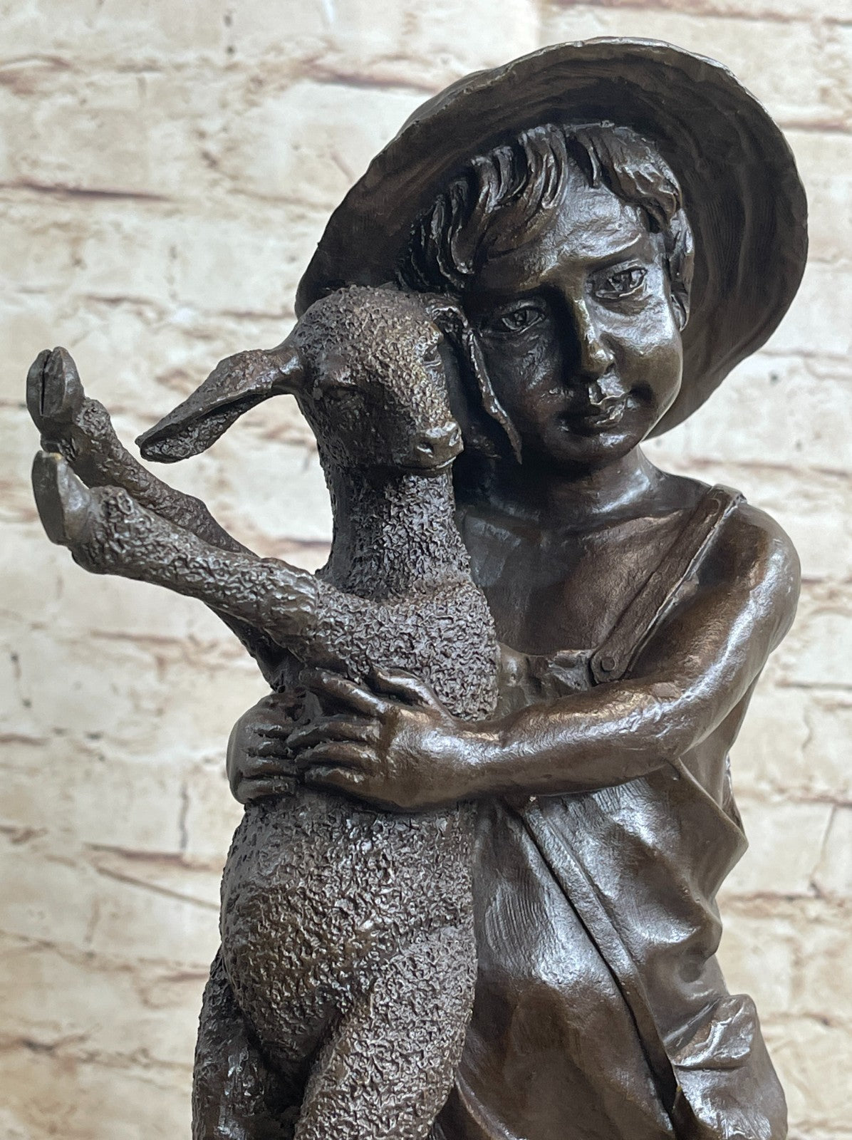 Genuine Solid Bronze Sculpture cute boy with baby Lam Farm decoration Figurine