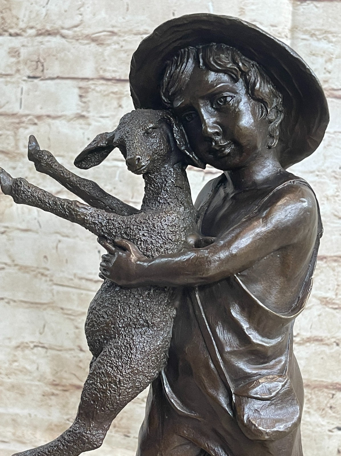 Genuine Solid Bronze Sculpture cute boy with baby Lam Farm decoration Figurine