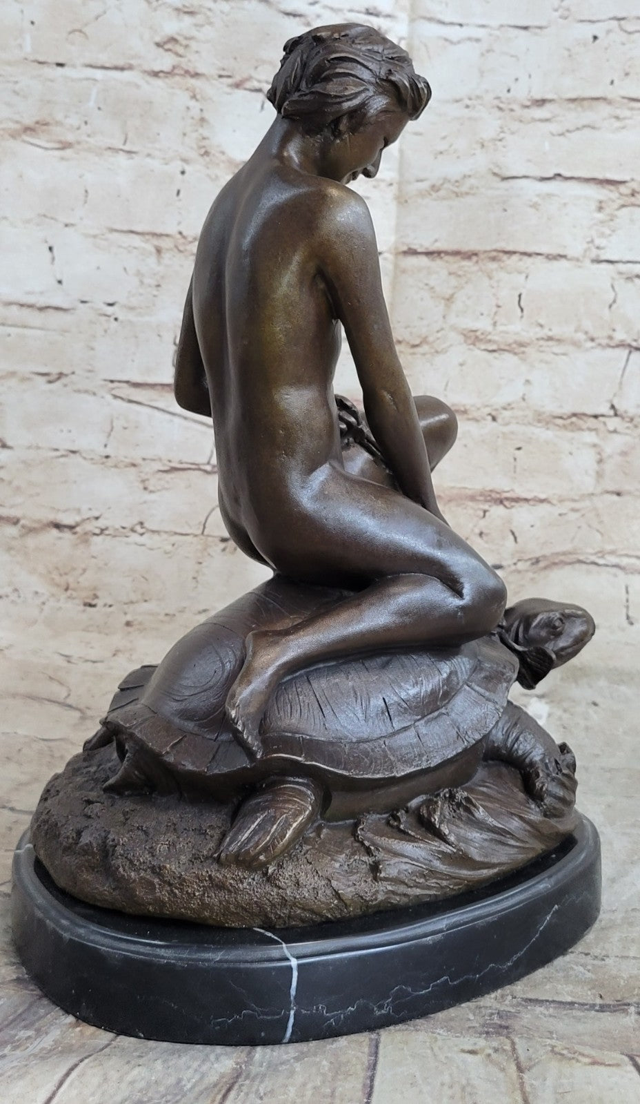 Handcrafted Collectible Nude Boy with Turtle Bronze Sculpture Marble Figurine