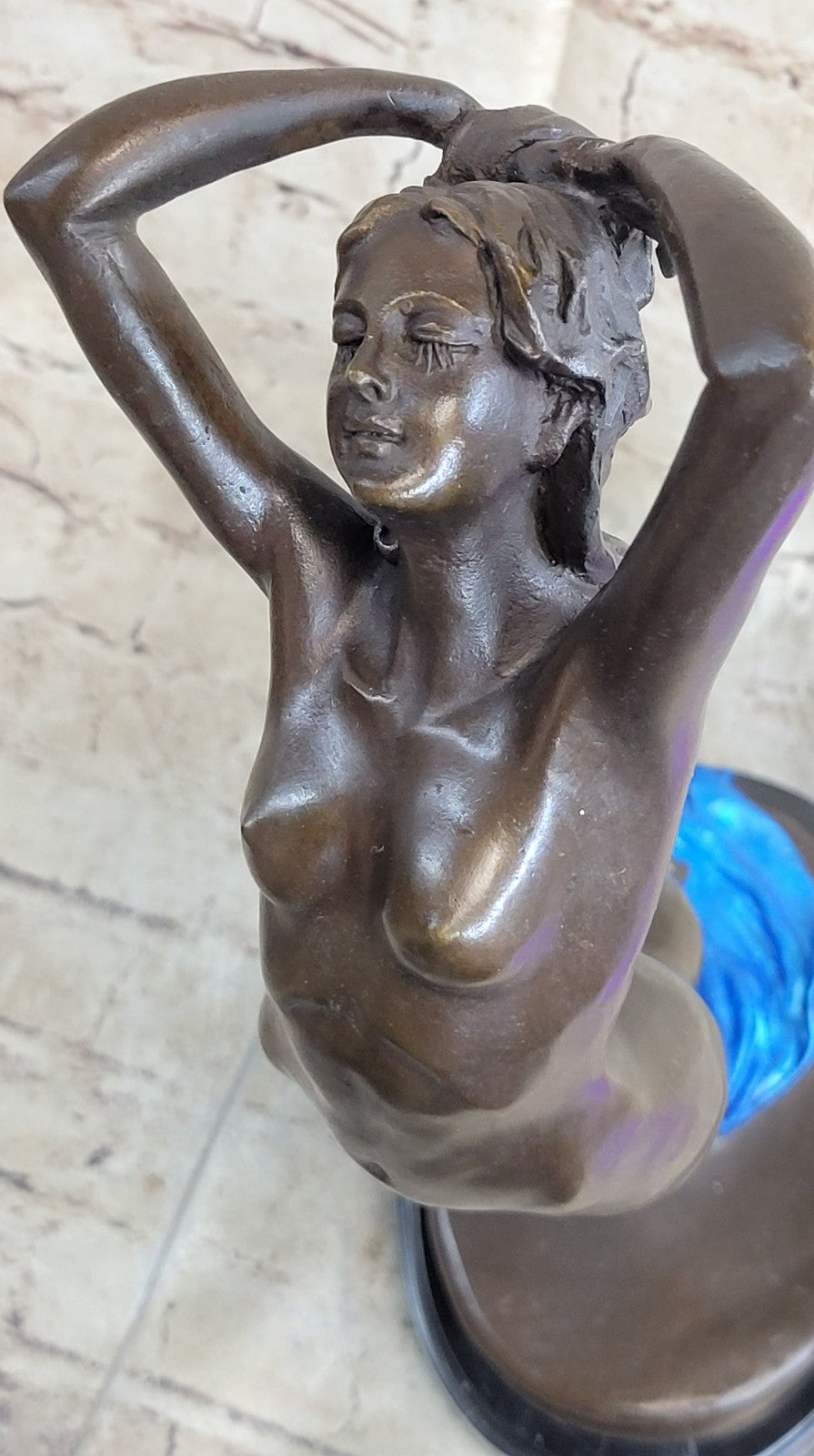 Nude Young Lady Hot Cast Bronze Wine Statue Sculpture Marble Base Home Decor Art