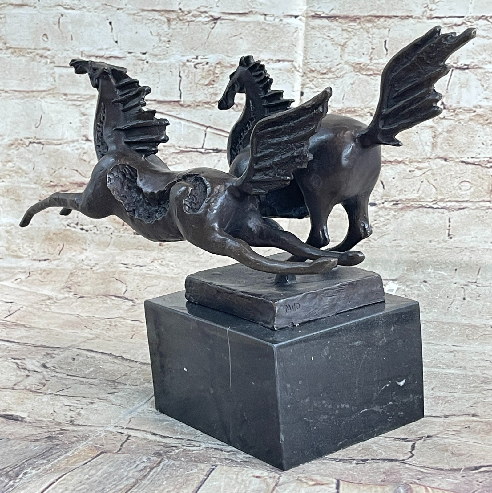 Elegant Equestrian Art Two Horses Running Playing Bronze Marble Statue Sculpture