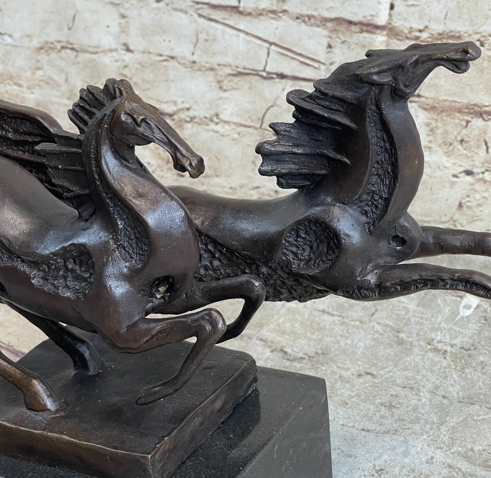 Elegant Equestrian Art Two Horses Running Playing Bronze Marble Statue Sculpture