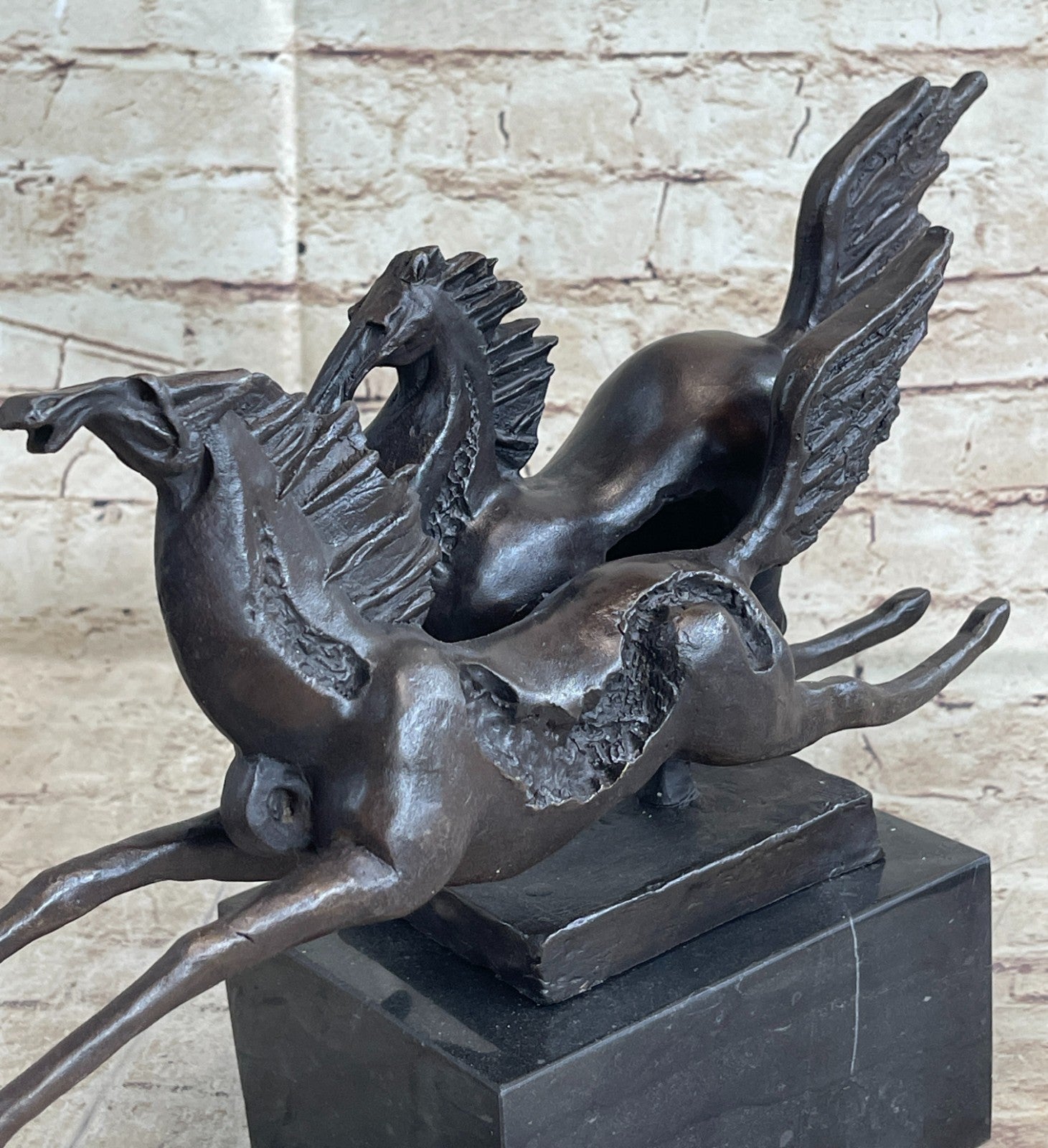 Elegant Equestrian Art Two Horses Running Playing Bronze Marble Statue Sculpture