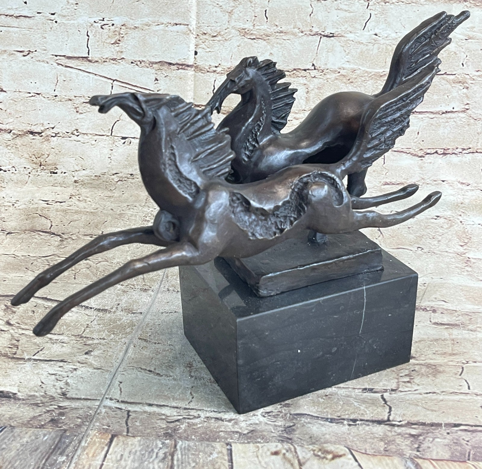 Elegant Equestrian Art Two Horses Running Playing Bronze Marble Statue Sculpture